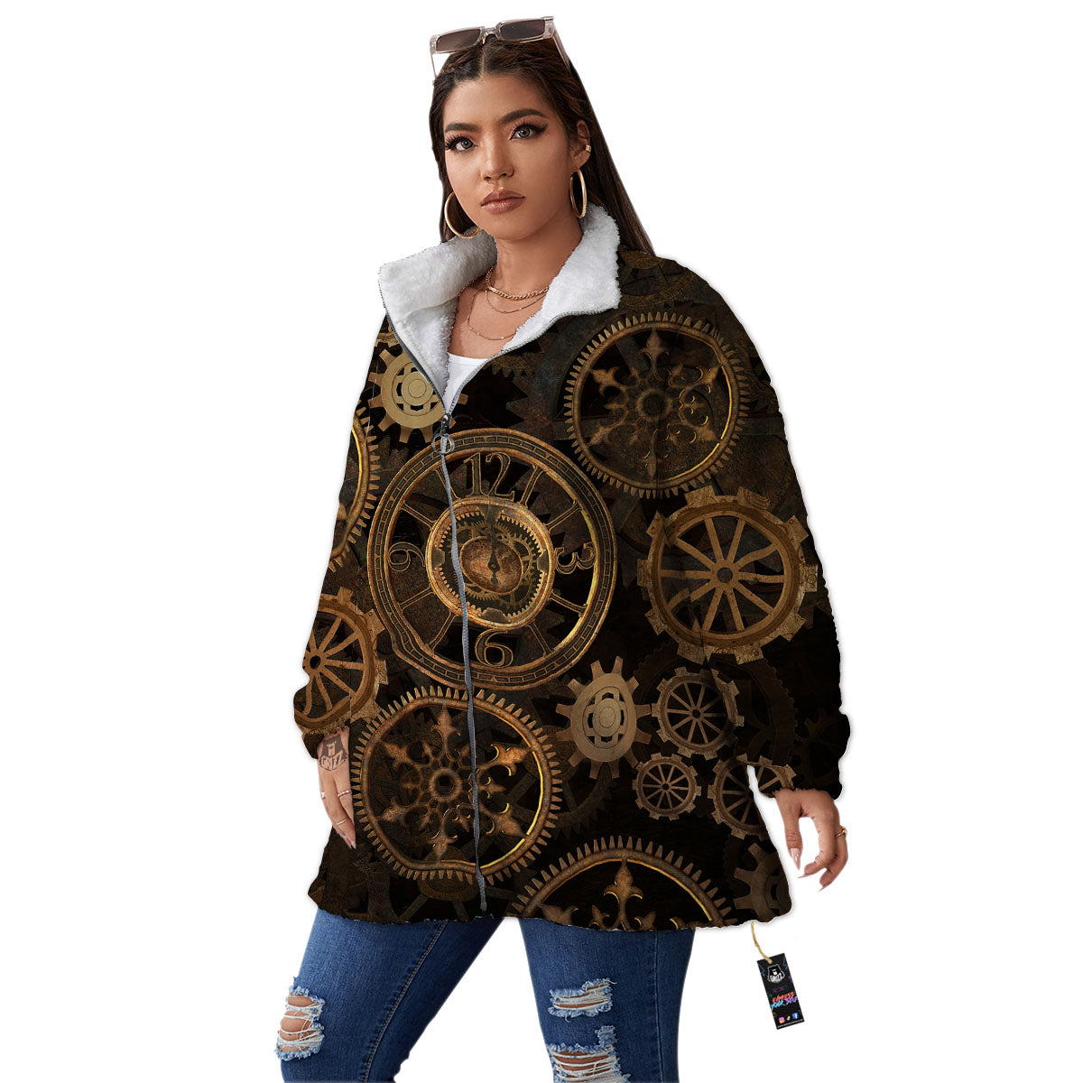 Steampunk Gears Vintage Print Women's Sherpa Jacket-grizzshop