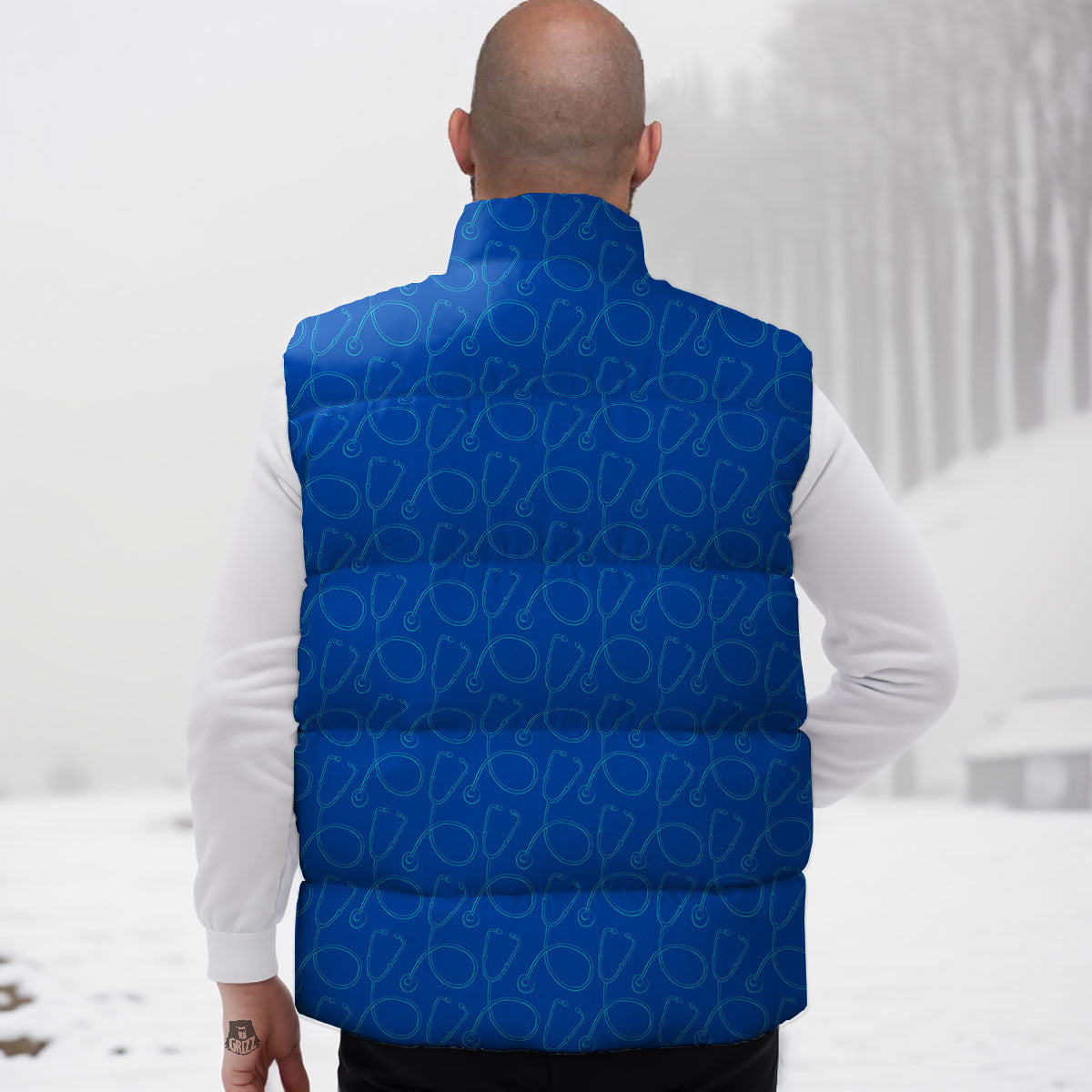 Stethoscope Blue Print Pattern Down Vest-grizzshop