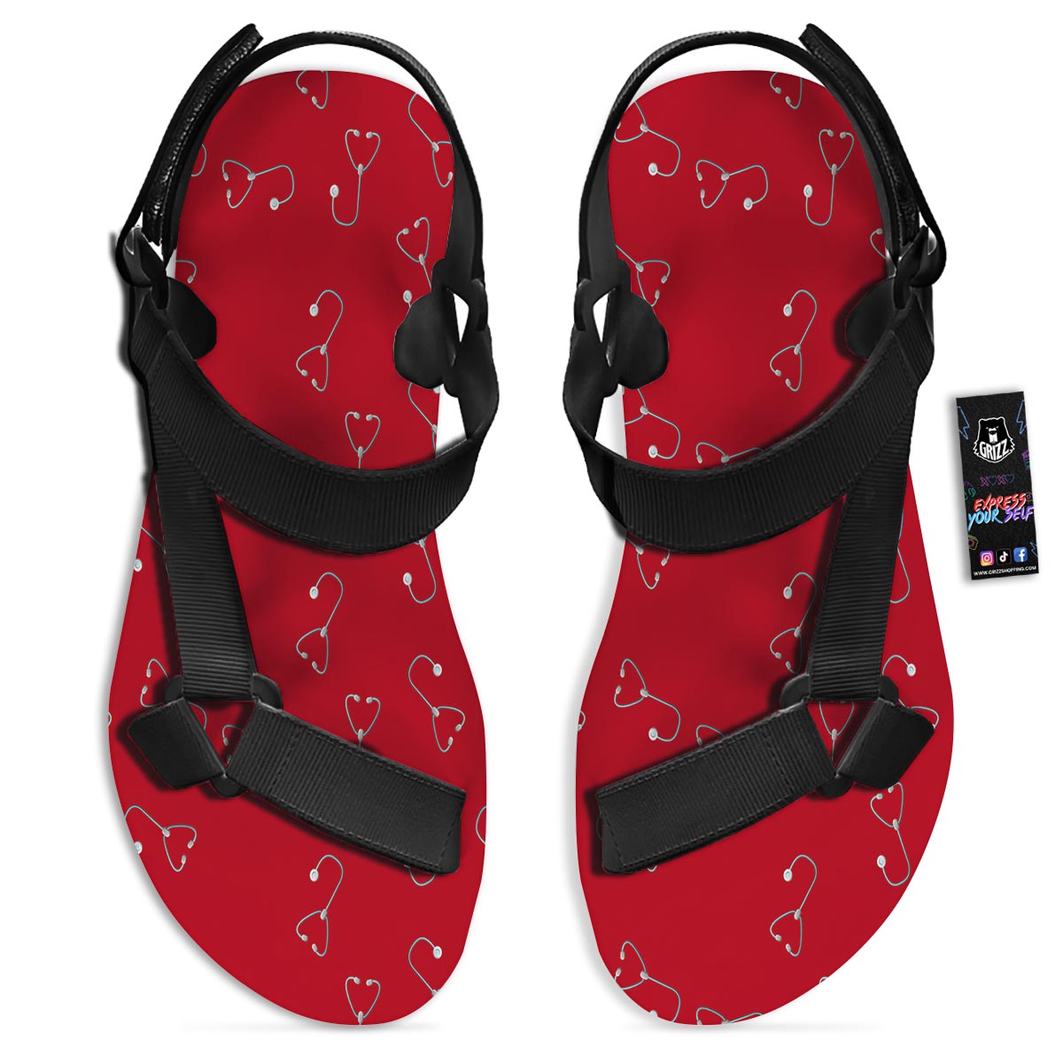 Stethoscope Red Print Pattern Black Open Toe Sandals-grizzshop
