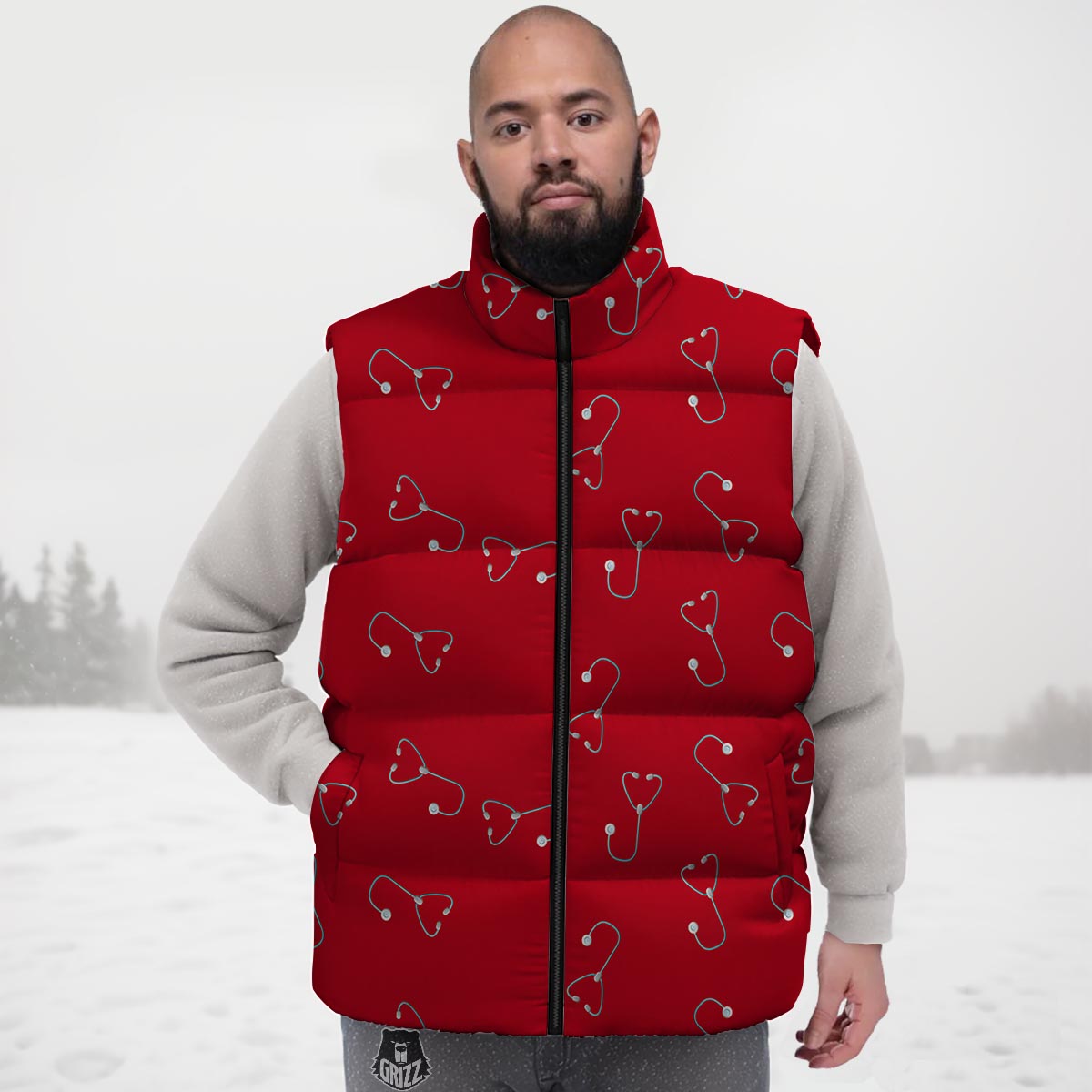 Stethoscope Red Print Pattern Down Vest-grizzshop