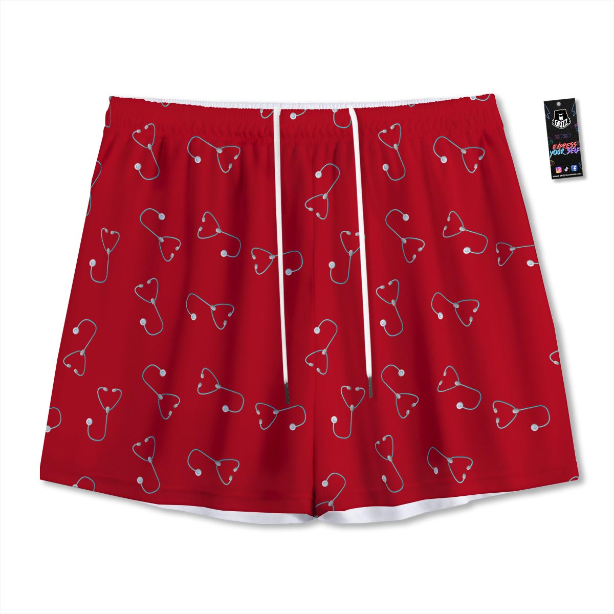 Stethoscope Red Print Pattern Mesh Shorts-grizzshop
