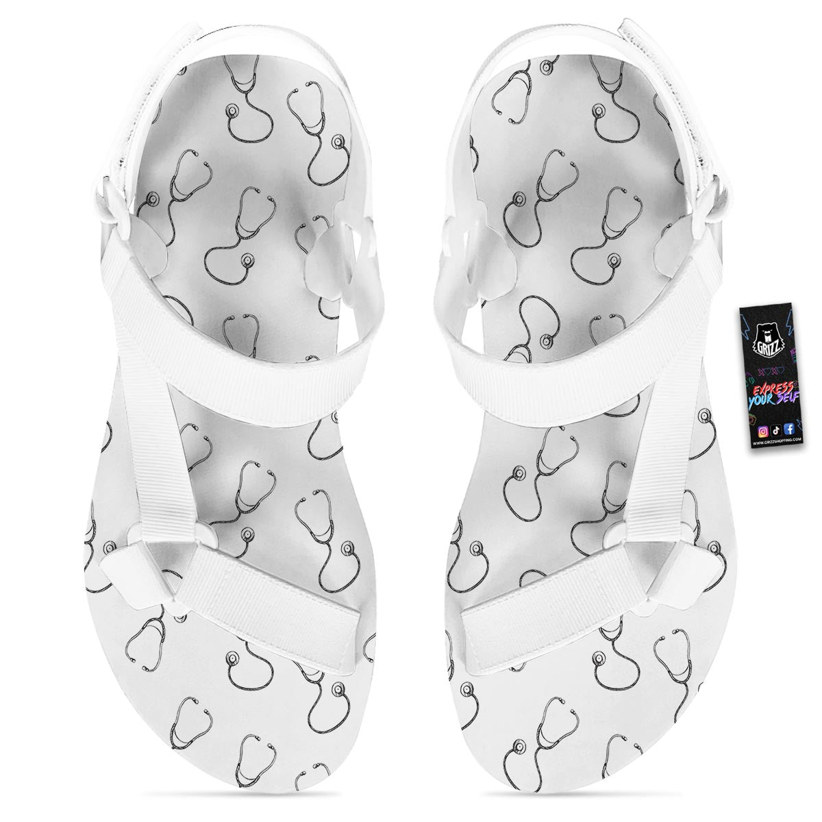 Stethoscope Sign Print Pattern White Open Toe Sandals-grizzshop