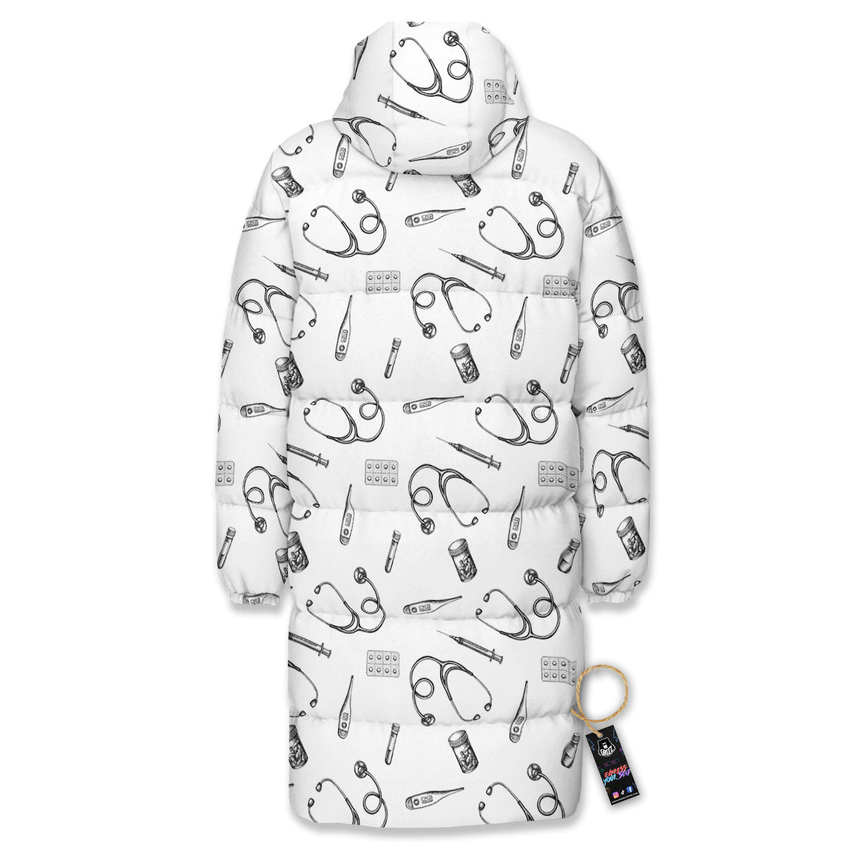 Stethoscope White And Black Print Pattern Long Down Jacket-grizzshop