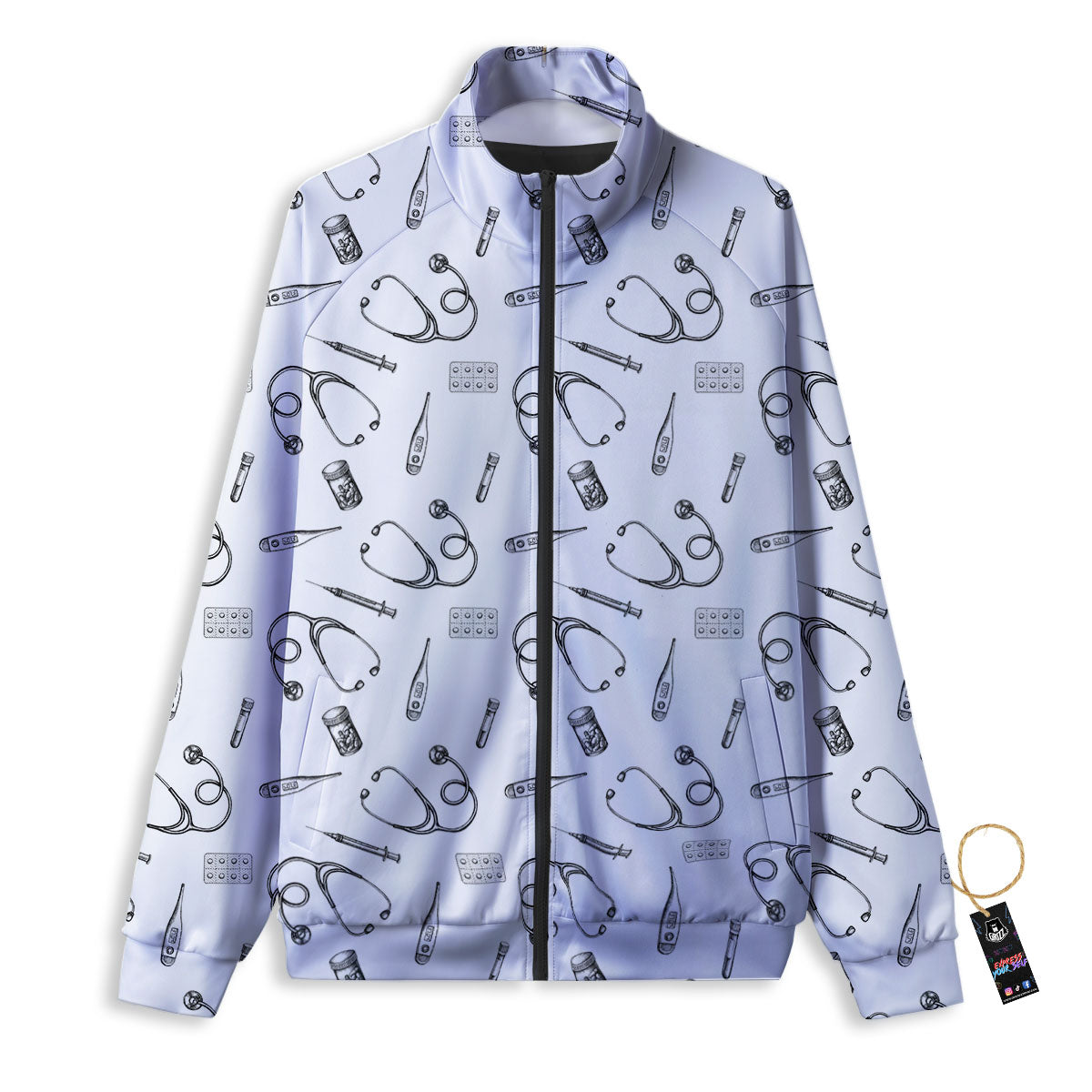 Stethoscope White And Black Print Pattern Track Jacket-grizzshop