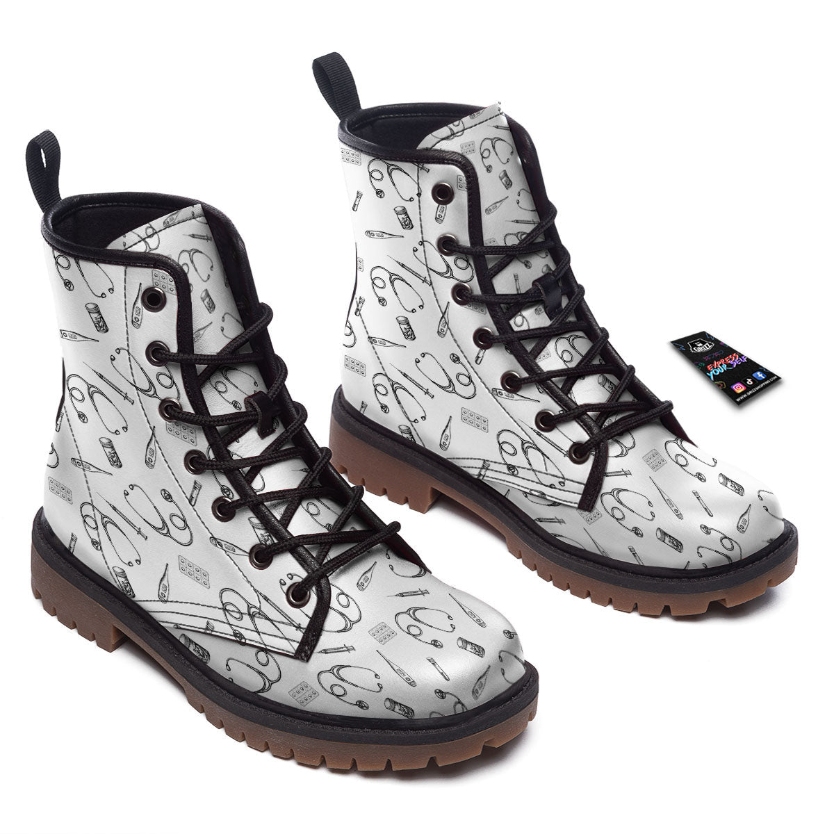 Stethoscope White And Black Print Pattern Work Boots-grizzshop