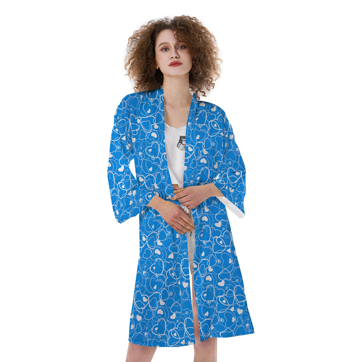 Stethoscope White And Blue Print Pattern Kimono-grizzshop