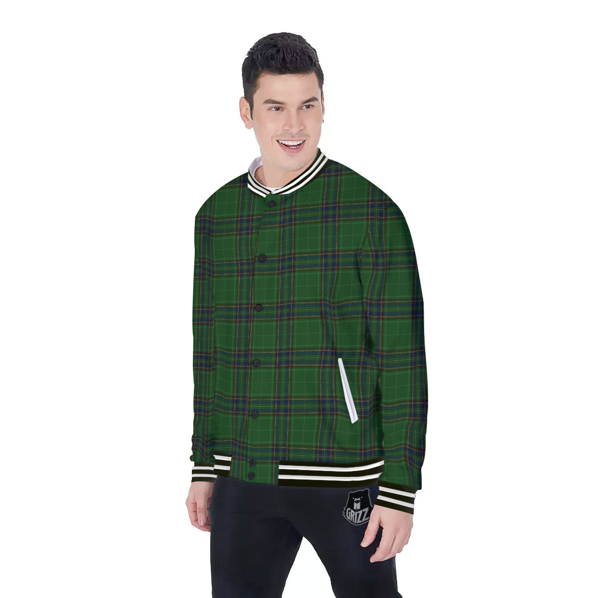 Stewart Tartan Blue And Green Print Baseball Jacket-grizzshop