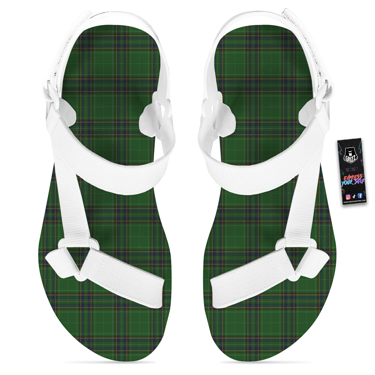 Stewart Tartan Blue And Green Print White Open Toe Sandals-grizzshop
