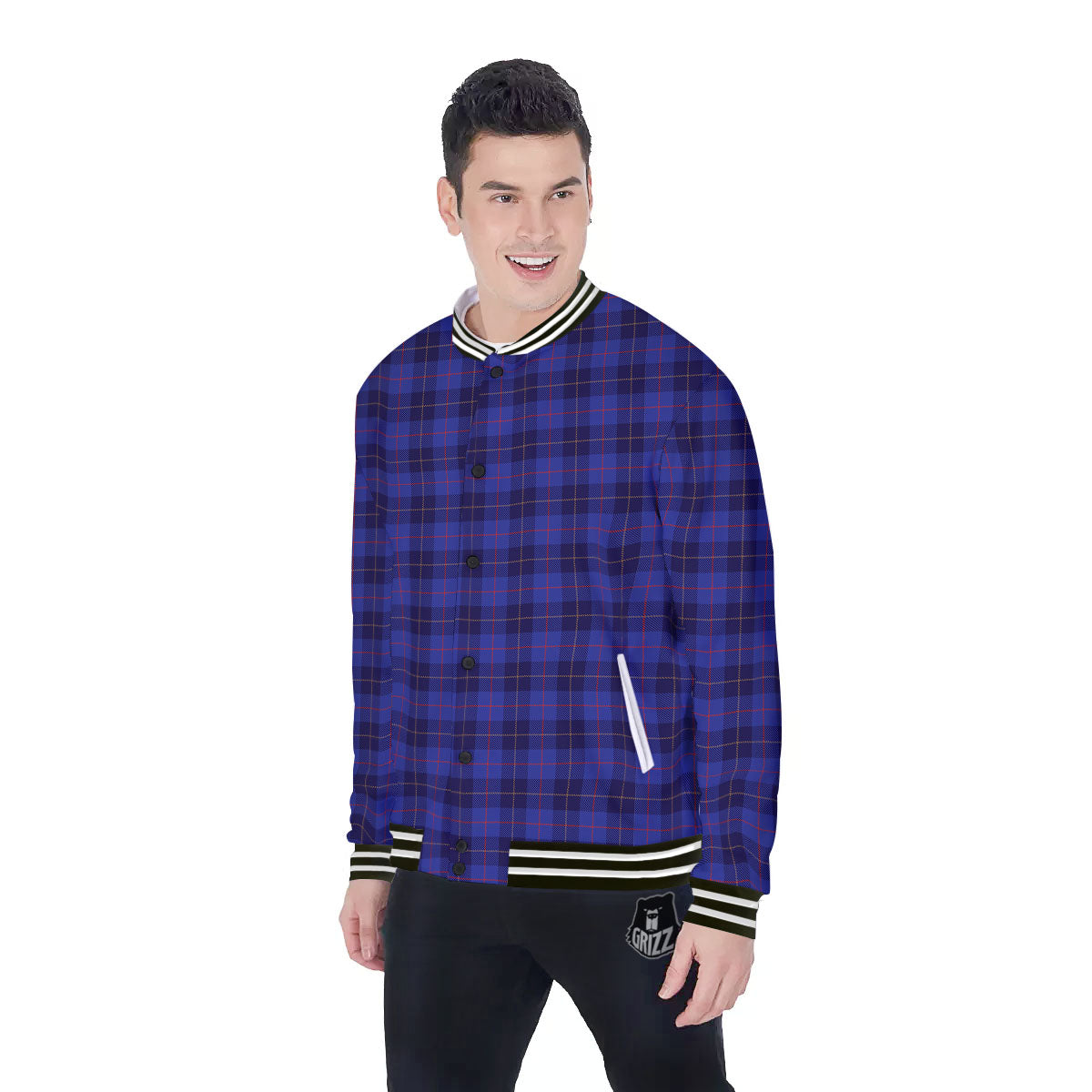 Stewart Tartan Deep Blue Print Baseball Jacket-grizzshop