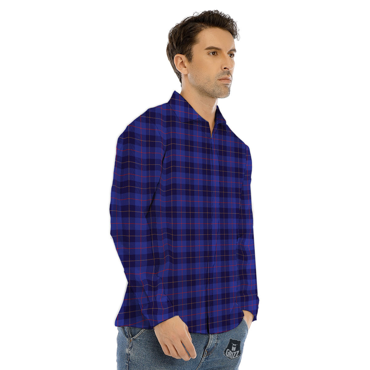 Stewart Tartan Deep Blue Print Men's Dress Shirts-grizzshop