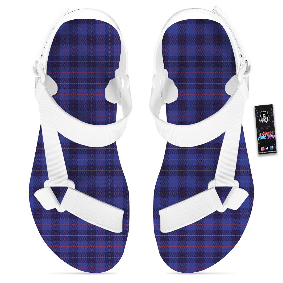 Stewart Tartan Deep Blue Print White Open Toe Sandals-grizzshop