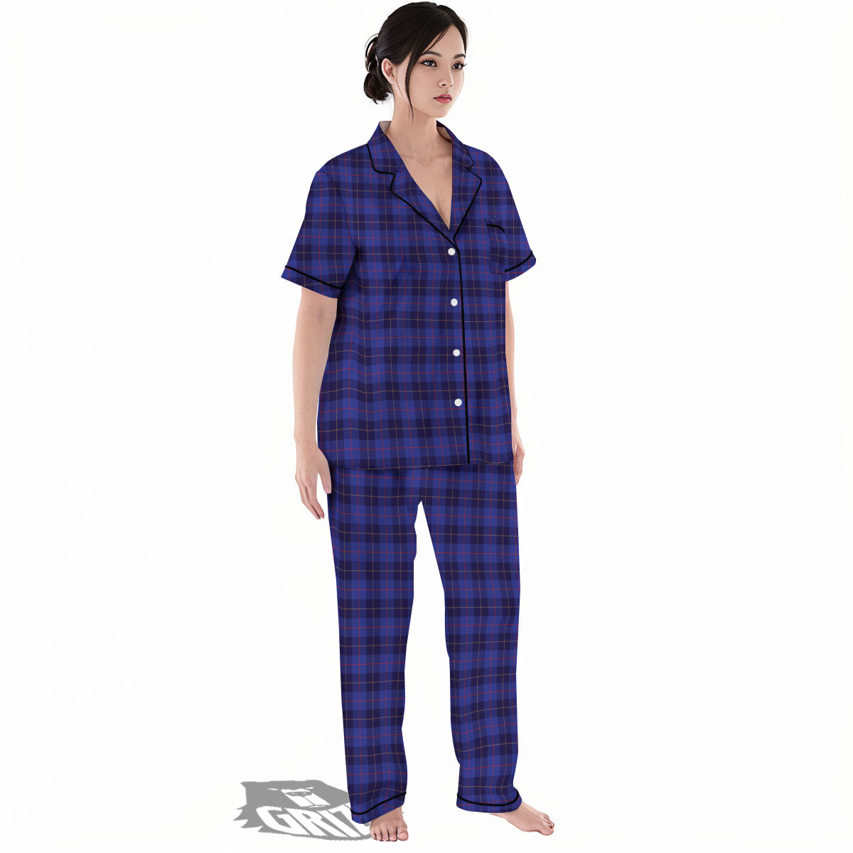 Stewart Tartan Deep Blue Print Women's Pajamas Set-grizzshop