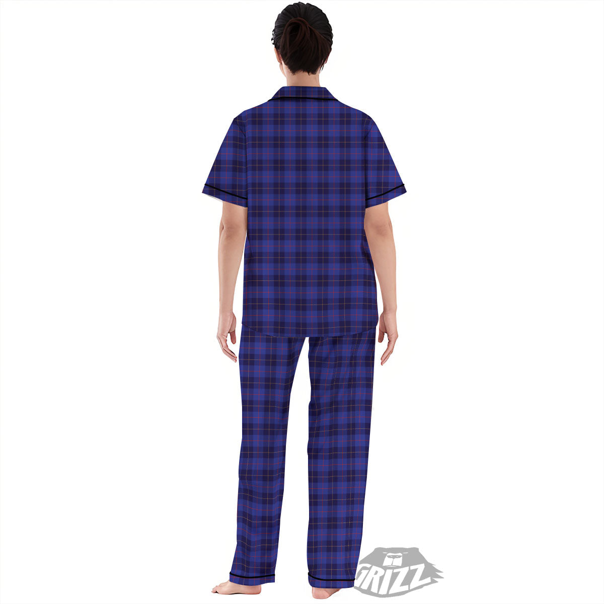 Stewart Tartan Deep Blue Print Women's Pajamas Set-grizzshop