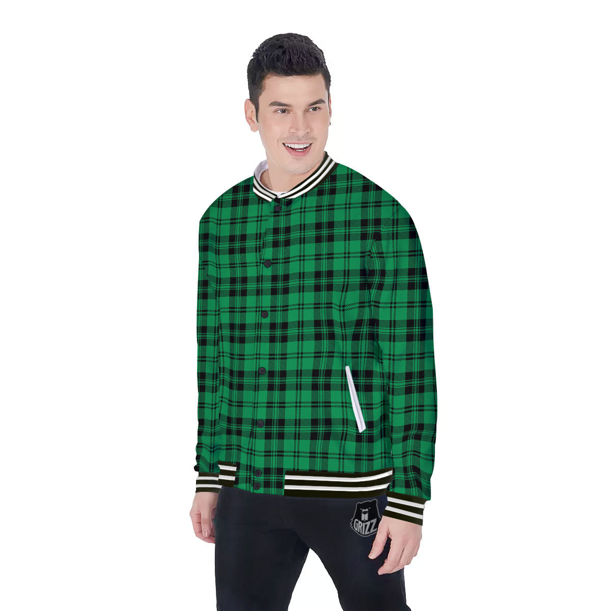 Stewart Tartan Green And Black Print Baseball Jacket-grizzshop