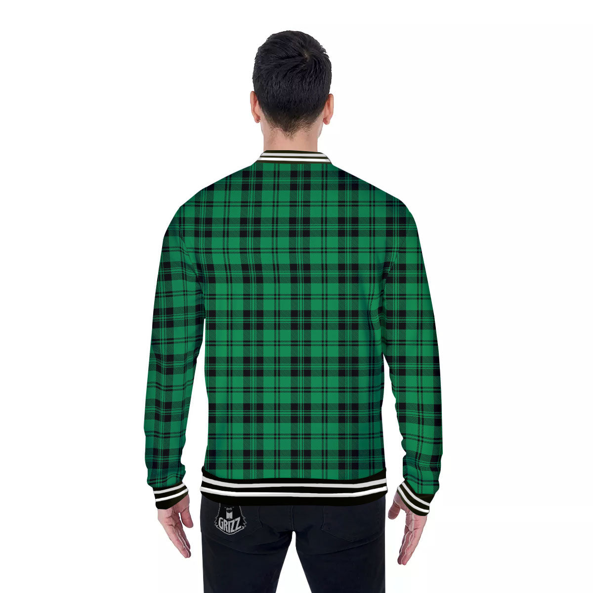 Stewart Tartan Green And Black Print Baseball Jacket-grizzshop