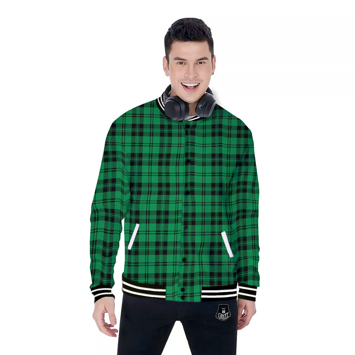 Stewart Tartan Green And Black Print Baseball Jacket-grizzshop
