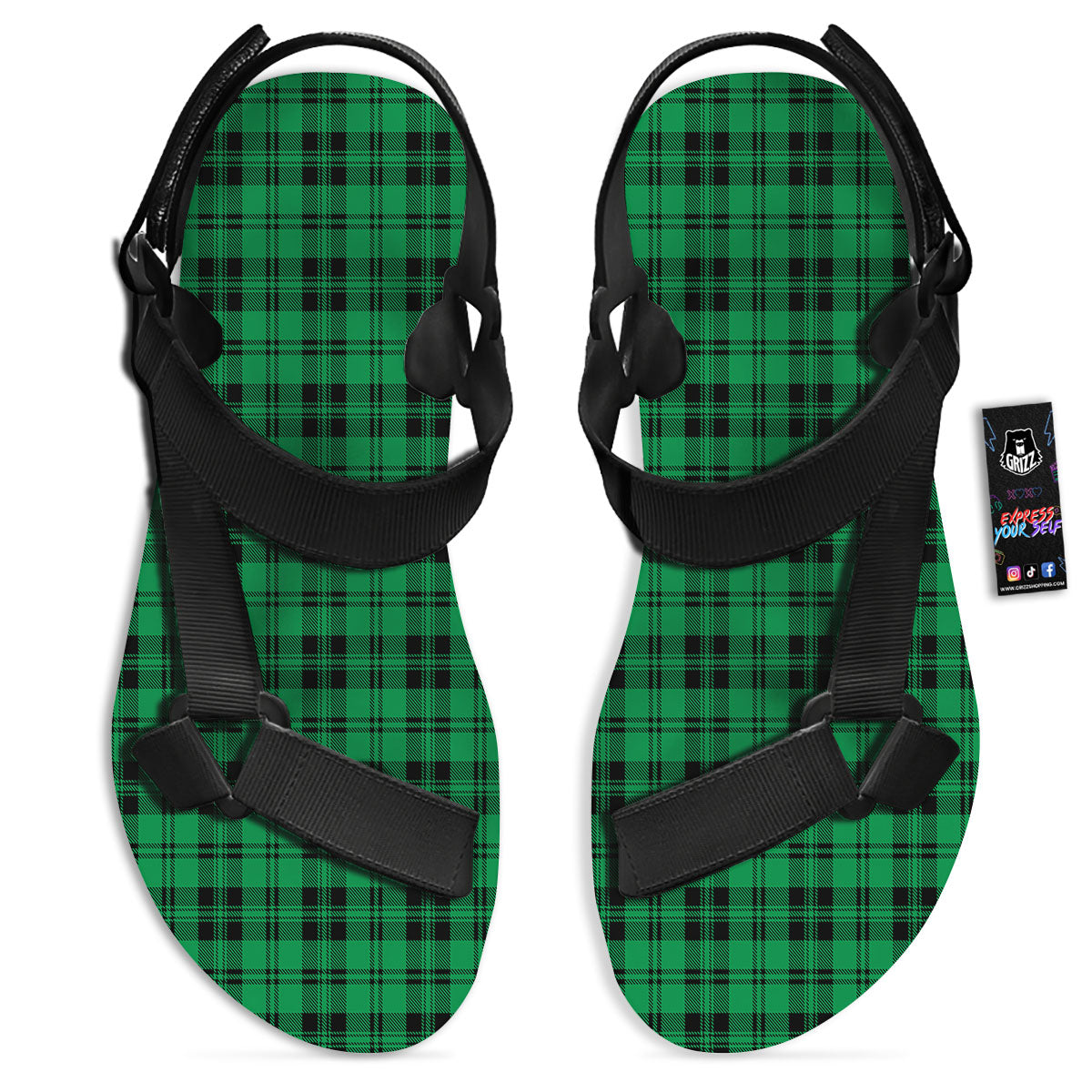 Stewart Tartan Green And Black Print Black Open Toe Sandals-grizzshop