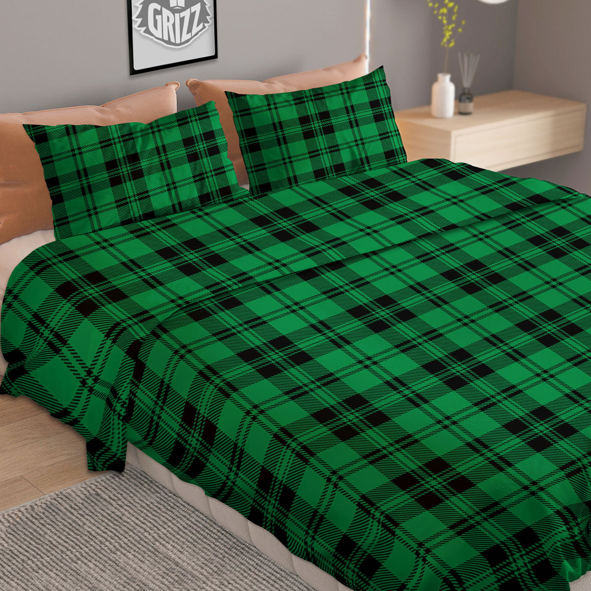 Stewart Tartan Green And Black Print Duvet Cover Bedding Set