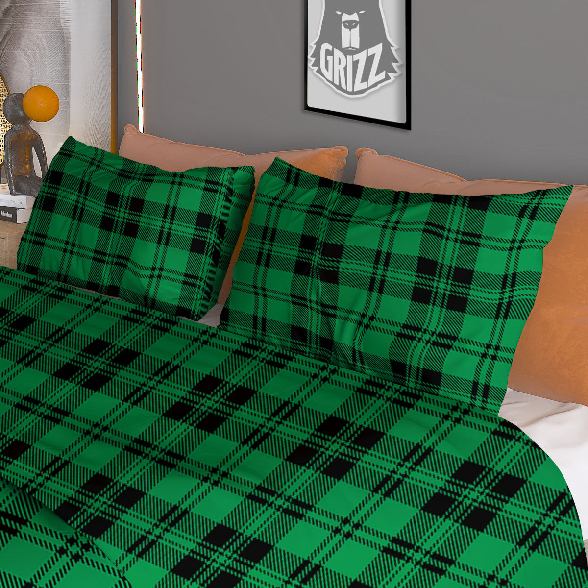 Stewart Tartan Green And Black Print Duvet Cover Bedding Set
