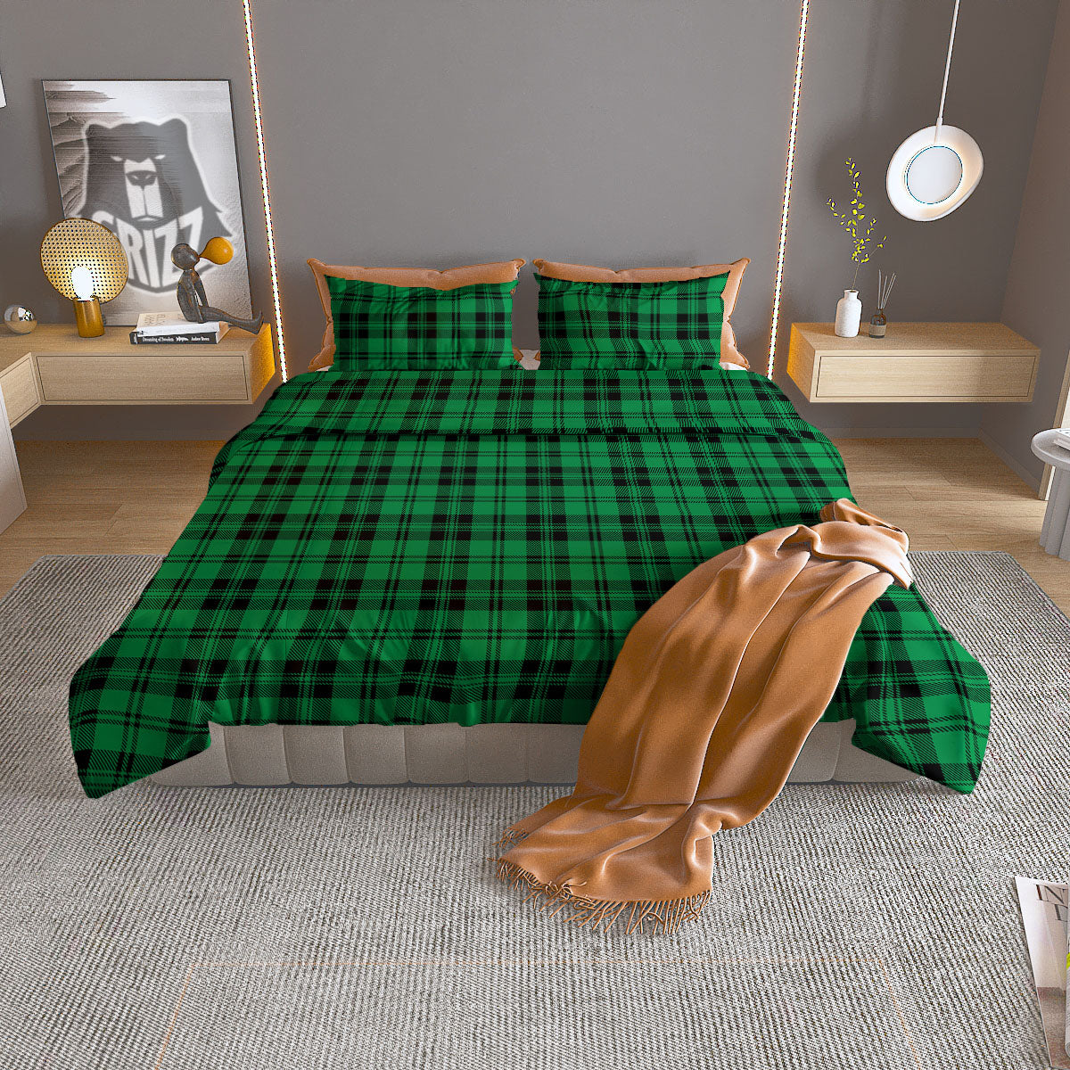 Stewart Tartan Green And Black Print Duvet Cover Bedding Set