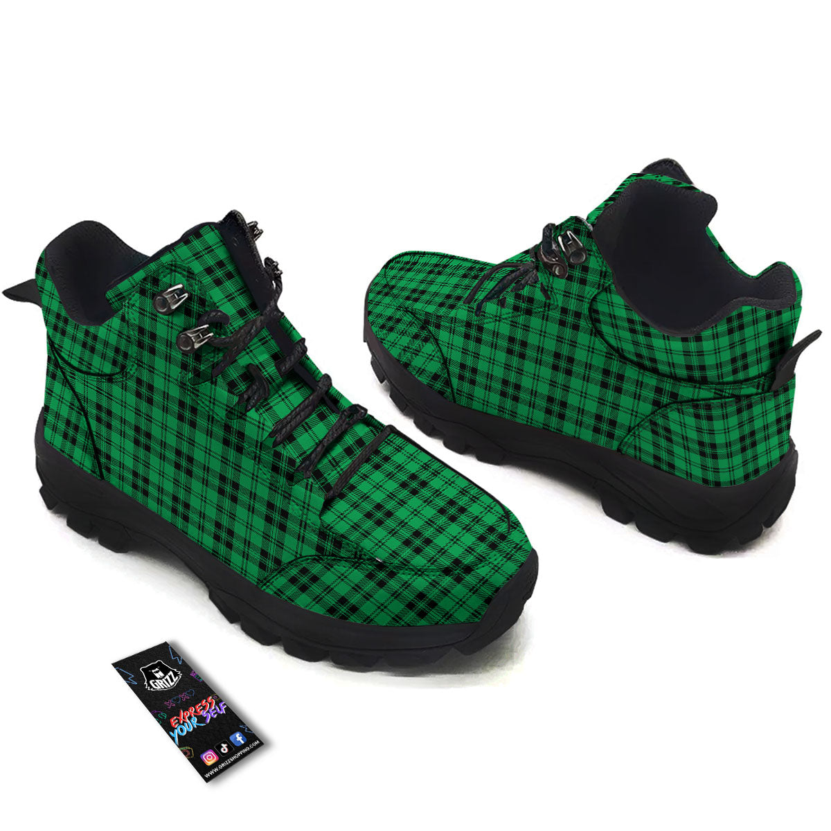 Stewart Tartan Green And Black Print Hiking Shoes-grizzshop