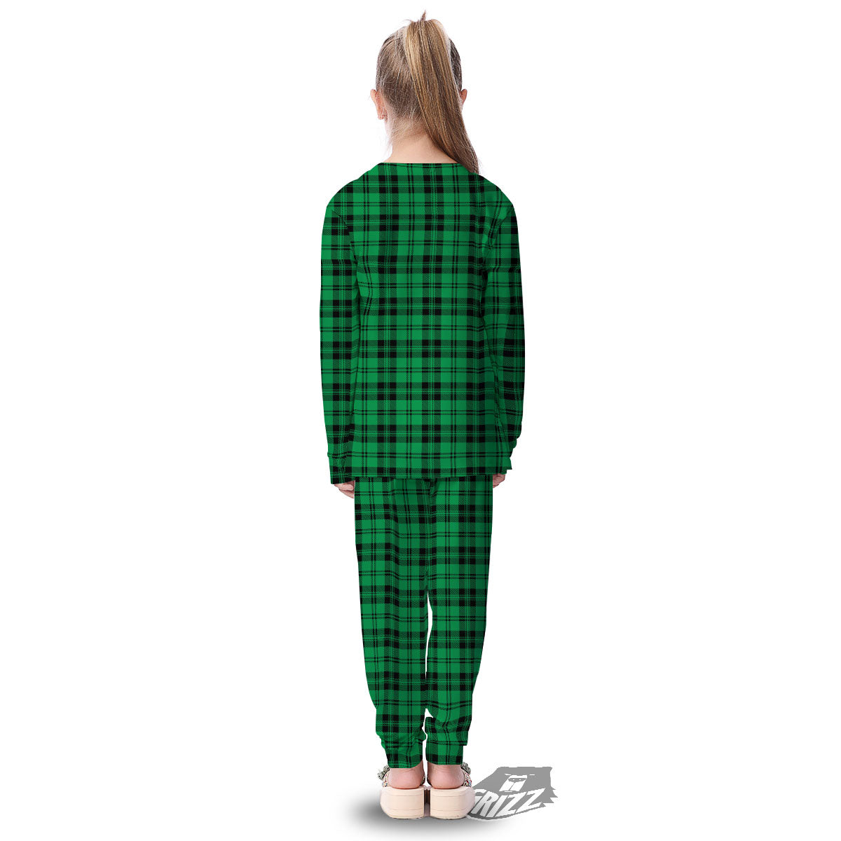 Stewart Tartan Green And Black Print Kid's Pajamas-grizzshop