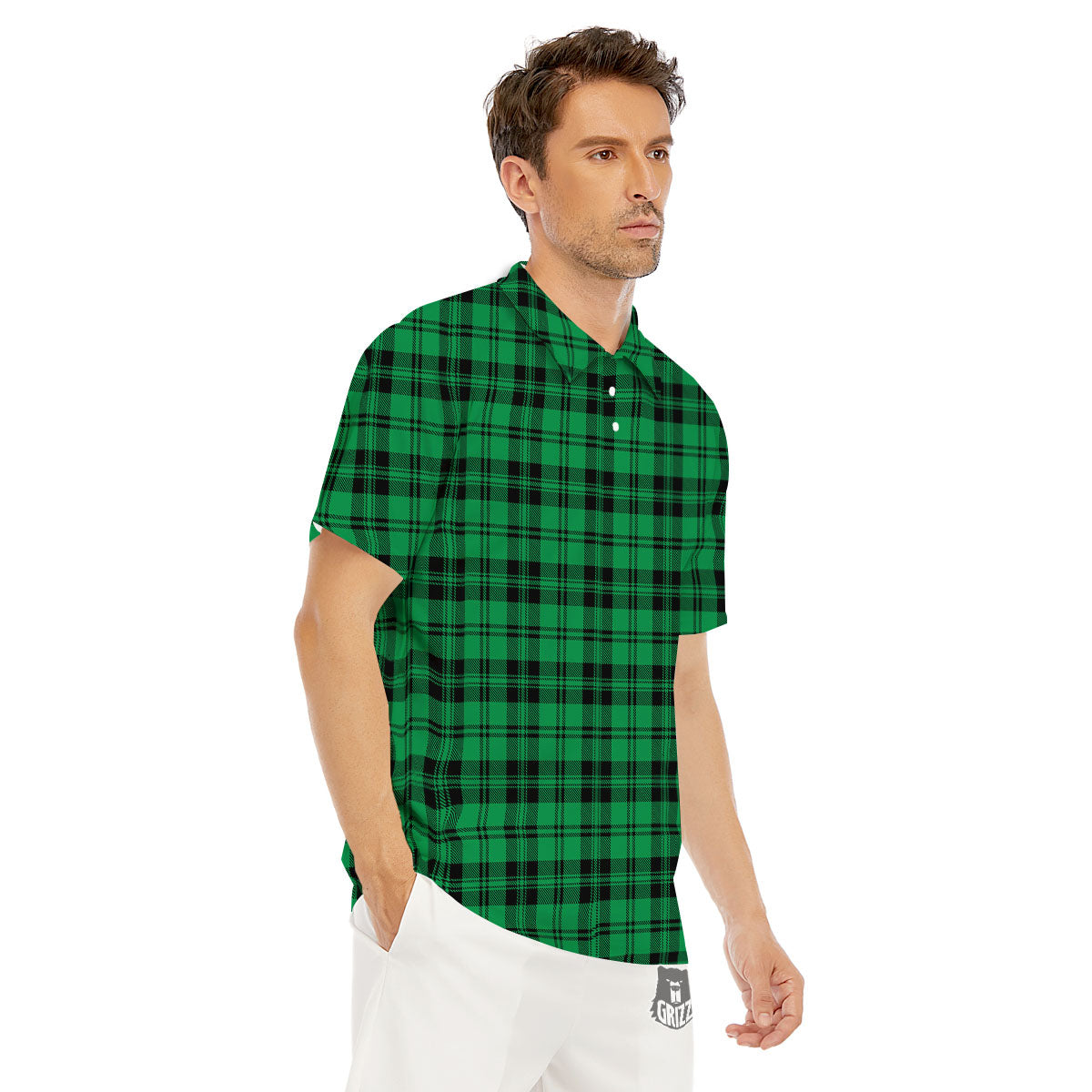 Stewart Tartan Green And Black Print Men's Golf Shirts-grizzshop