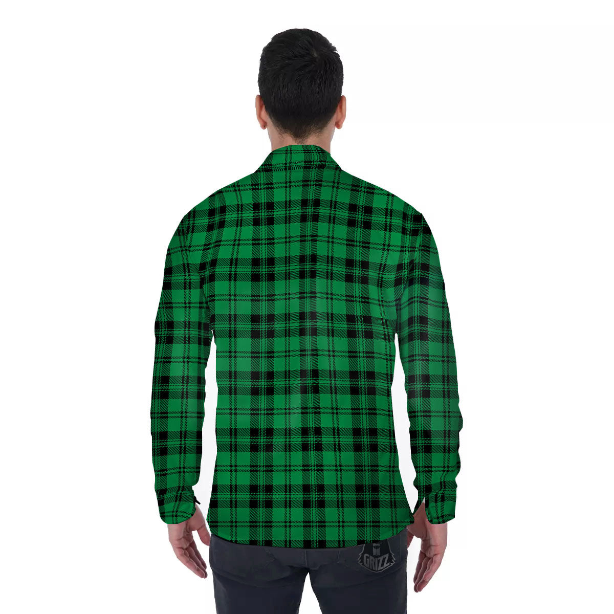 Stewart Tartan Green And Black Print Men's Long Sleeve Shirts-grizzshop