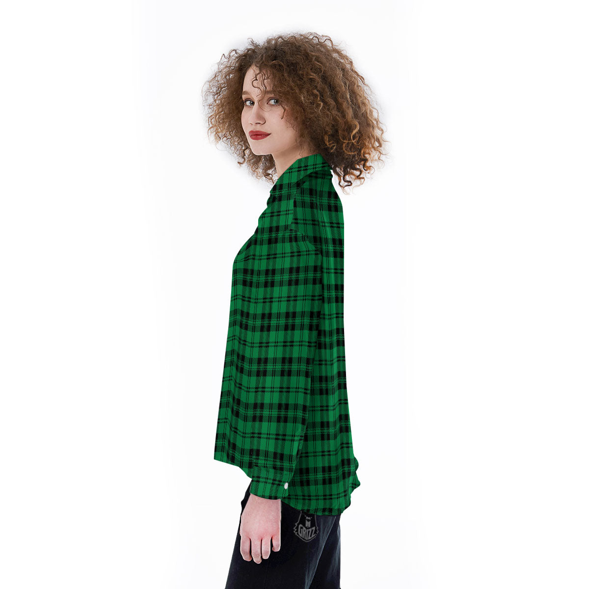 Stewart Tartan Green And Black Print Women's Long Sleeve Shirts-grizzshop