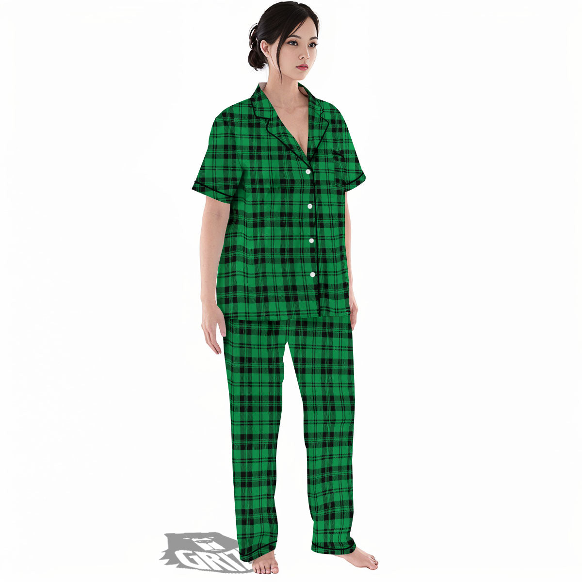 Stewart Tartan Green And Black Print Women's Pajamas Set-grizzshop