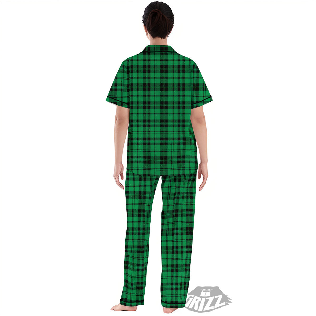 Stewart Tartan Green And Black Print Women's Pajamas Set-grizzshop