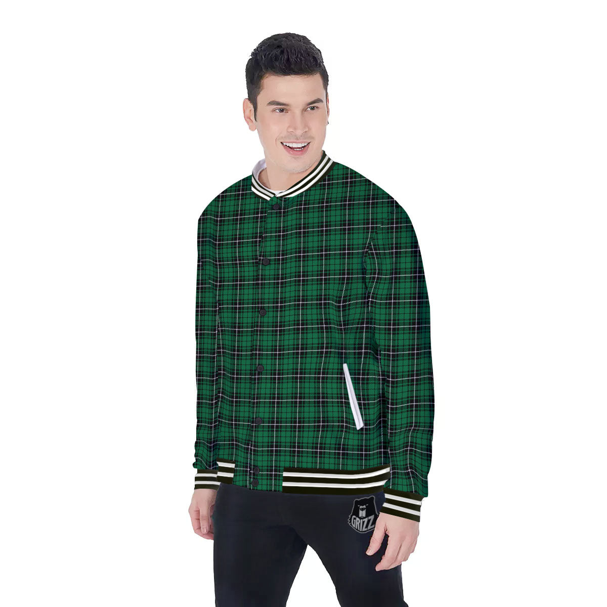 Stewart Tartan Green Print Baseball Jacket-grizzshop
