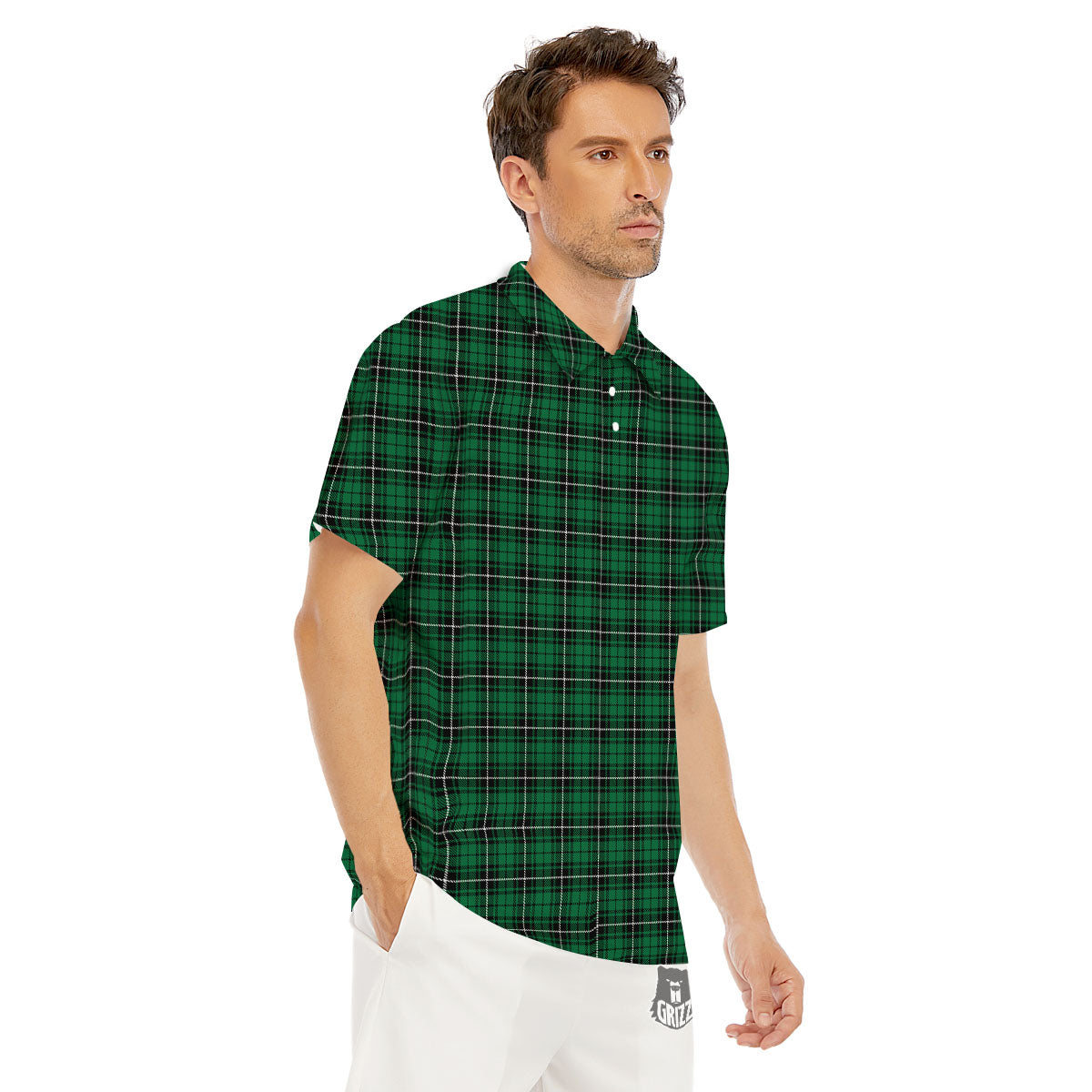 Stewart Tartan Green Print Men's Golf Shirts-grizzshop