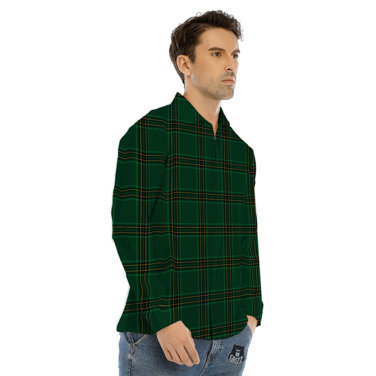 Stewart Tartan Green Print Pattern Men's Dress Shirts-grizzshop