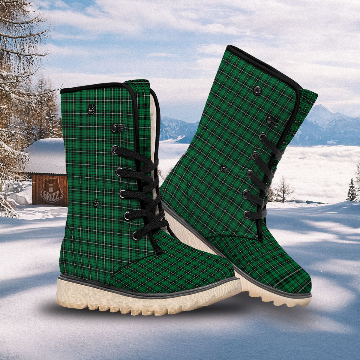 Stewart Tartan Green Print Snow Boots-grizzshop
