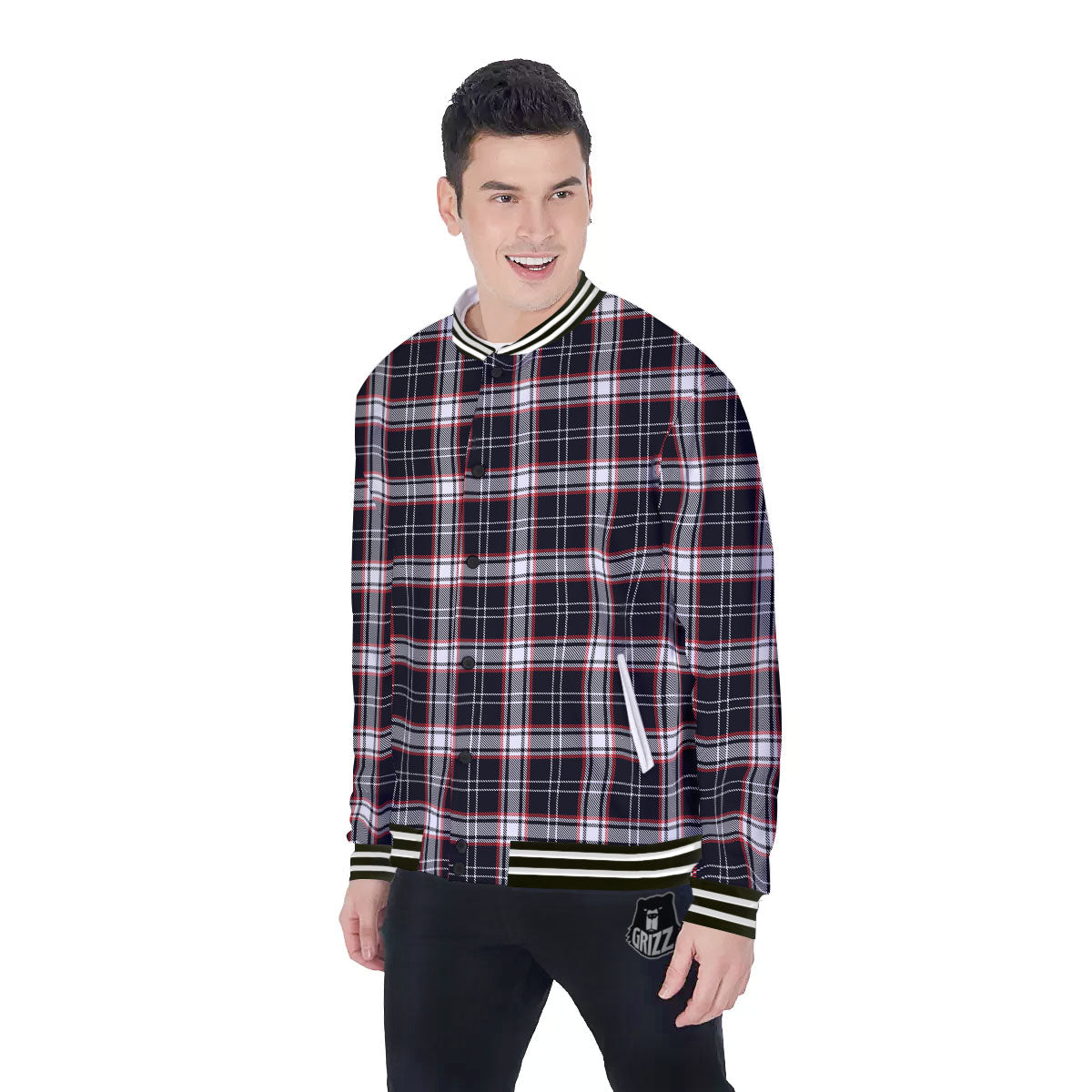 Stewart Tartan Red And Black Print Baseball Jacket-grizzshop