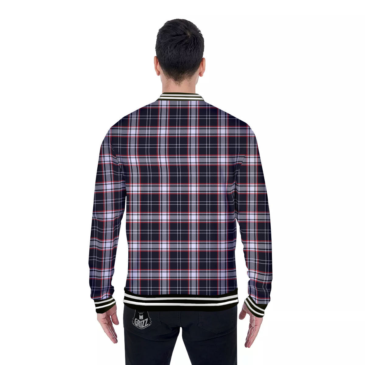 Stewart Tartan Red And Black Print Baseball Jacket-grizzshop