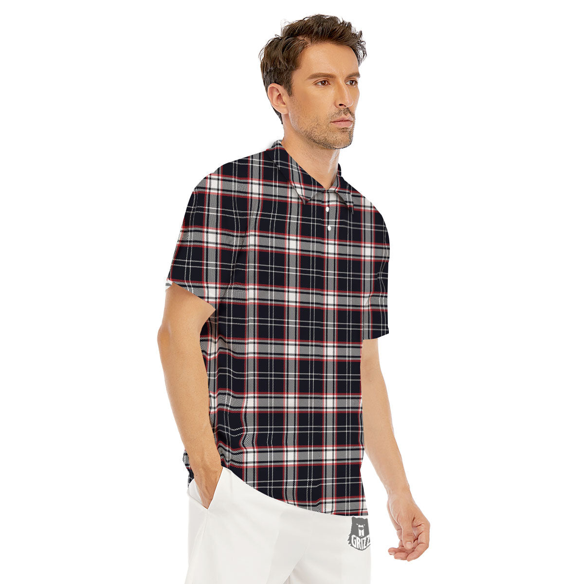 Stewart Tartan Red And Black Print Men's Golf Shirts-grizzshop
