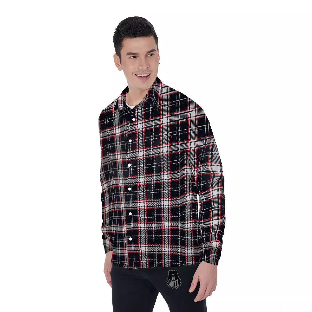 Stewart Tartan Red And Black Print Men's Long Sleeve Shirts-grizzshop