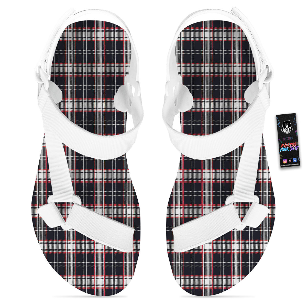 Stewart Tartan Red And Black Print White Open Toe Sandals-grizzshop