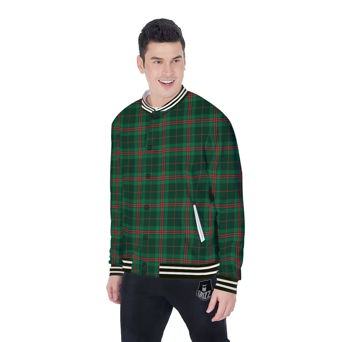 Stewart Tartan Red And Green Print Baseball Jacket-grizzshop