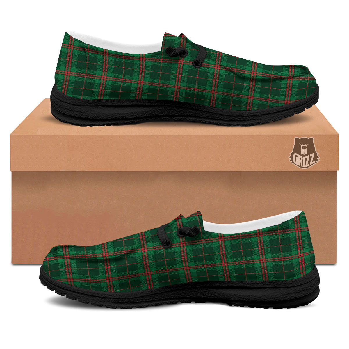 Stewart Tartan Red And Green Print Black Loafers-grizzshop