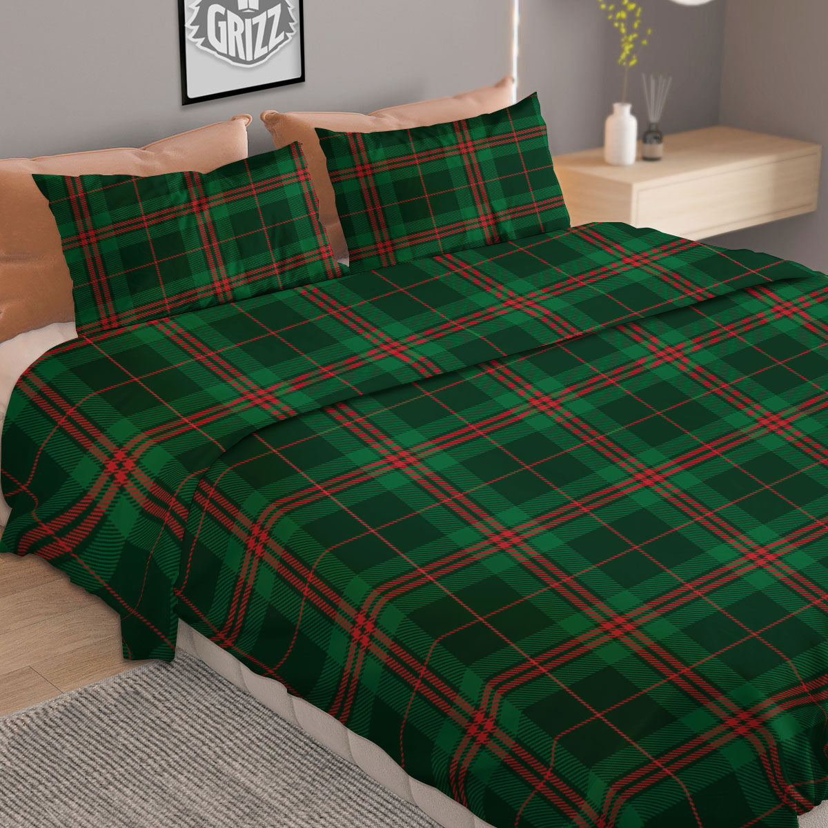 Stewart Tartan Red And Green Print Duvet Cover Bedding Set