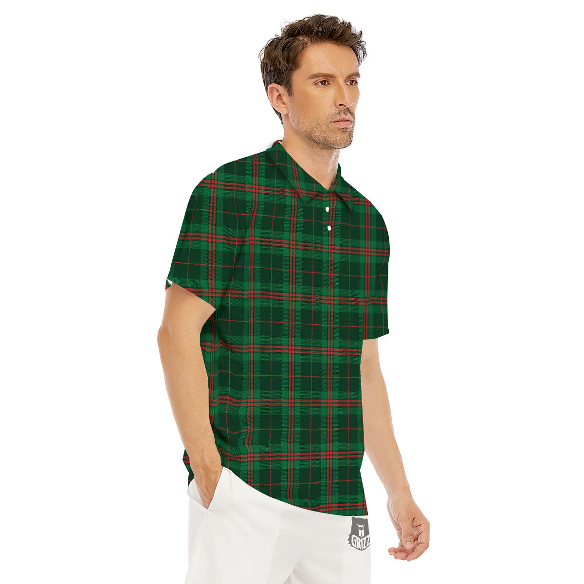 Stewart Tartan Red And Green Print Men's Golf Shirts-grizzshop