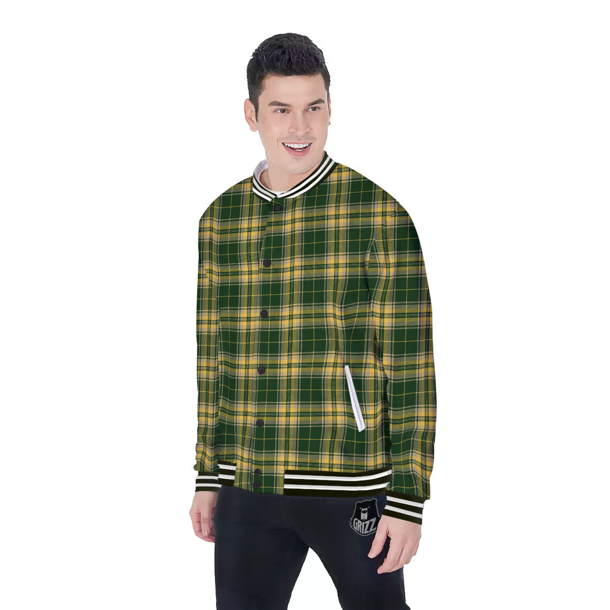 Stewart Tartan Yellow And Green Print Baseball Jacket-grizzshop
