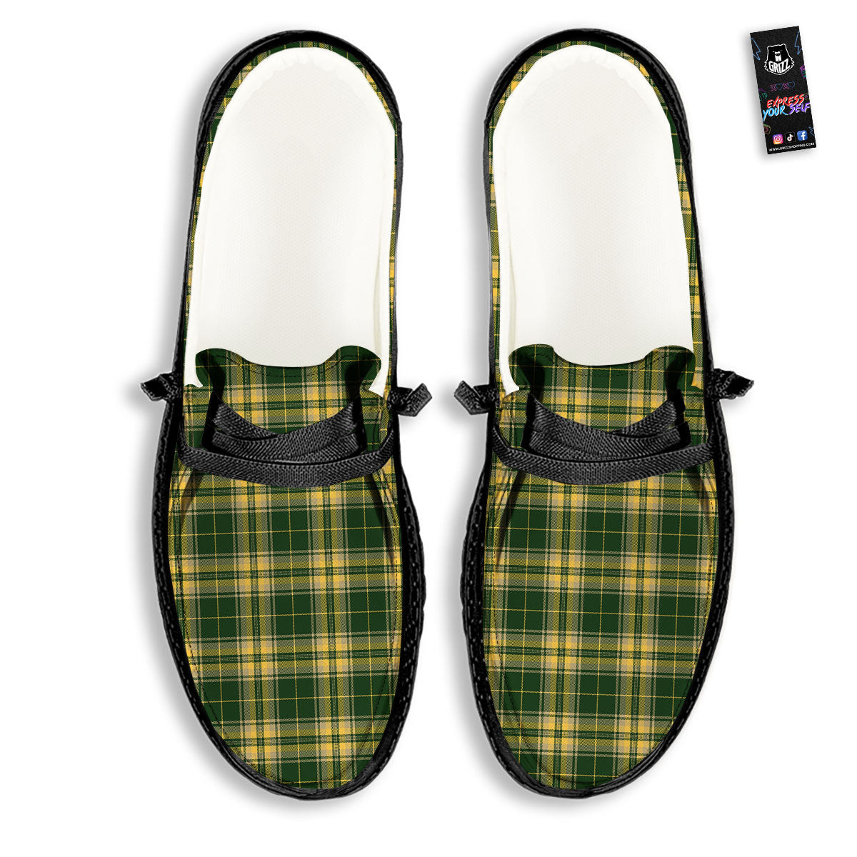 Stewart Tartan Yellow And Green Print Black Loafers-grizzshop