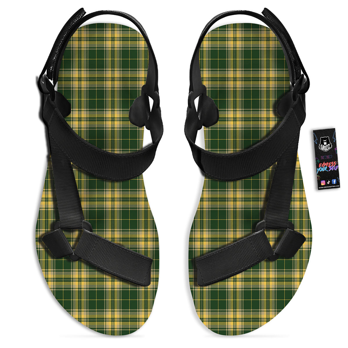 Stewart Tartan Yellow And Green Print Black Open Toe Sandals-grizzshop