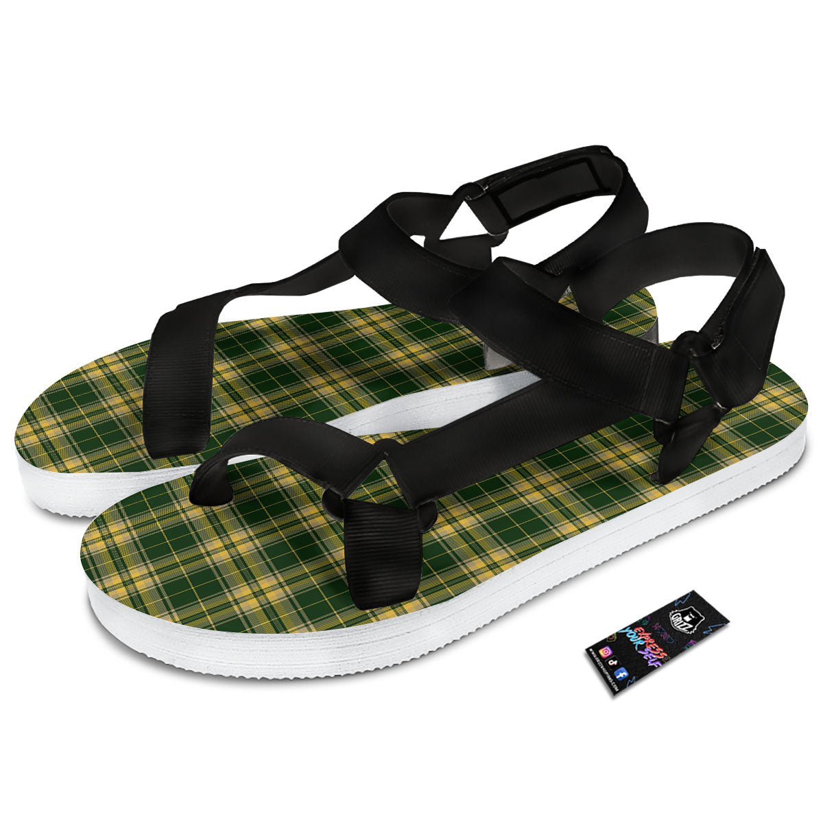 Stewart Tartan Yellow And Green Print Black Open Toe Sandals-grizzshop