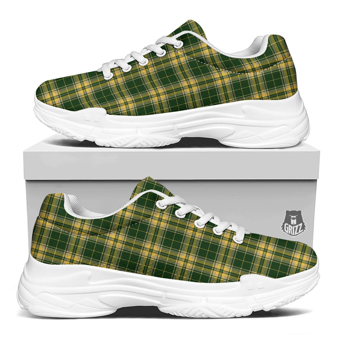 Stewart Tartan Yellow And Green Print White Chunky Shoes-grizzshop