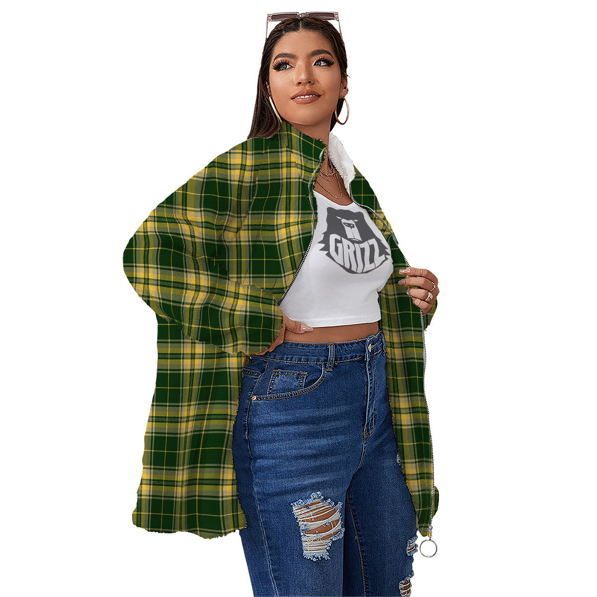 Stewart Tartan Yellow And Green Print Women's Sherpa Jacket-grizzshop